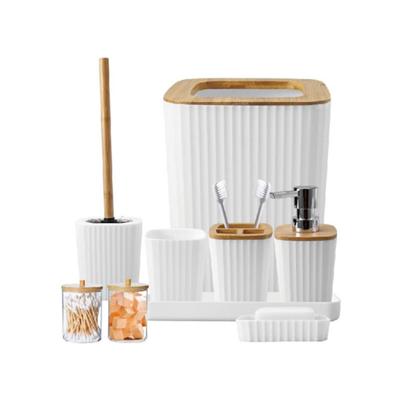 Plastic White Stripe Bathroom Set with bamboo lid/白色时尚条纹浴室配件套装 皂液器、牙刷架、牙刷杯、肥皂盘，垃圾桶，马桶刷架