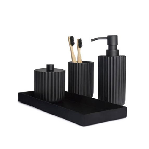 Plastic Black Bathroom Set/酷黑现代风尚卫浴套件，洗手液分配器 牙刷杯 棉签罐