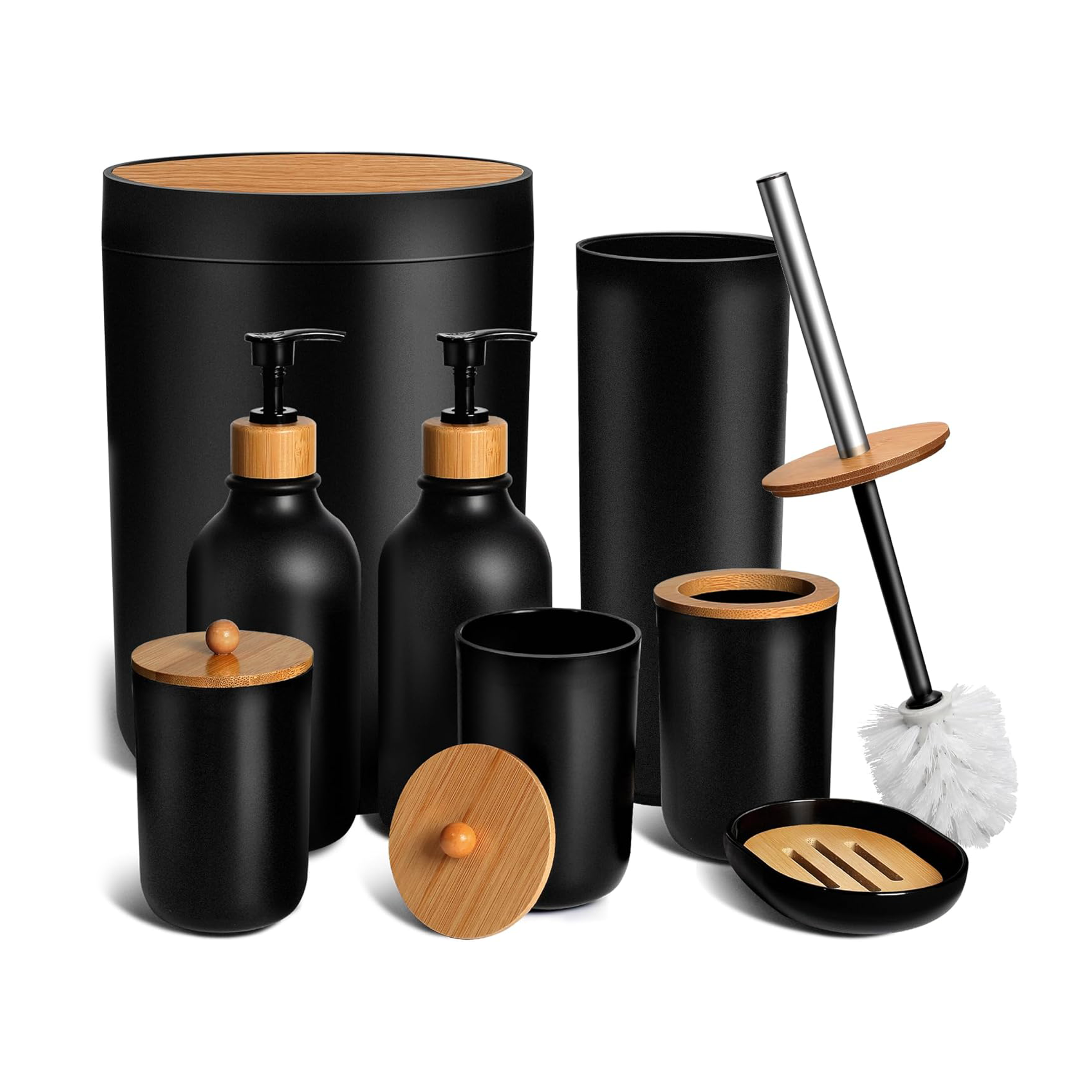 Plastic  8pcs black bathroom set with bamboo lid/黑色浴室配件套装 8 件套,哑光黑色浴室配件套装,配有垃圾桶、皂液器和牙刷架套装,肥皂碟,支架,马桶刷架